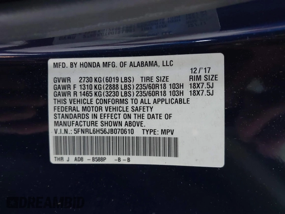 2018 Honda Odyssey EX with VIN 5FNRL6H56JB070610, listed as a IAAI auction lot 42569647 with 78,554 mi miles and . Bid and sale history available at DreamBid. Image 9.