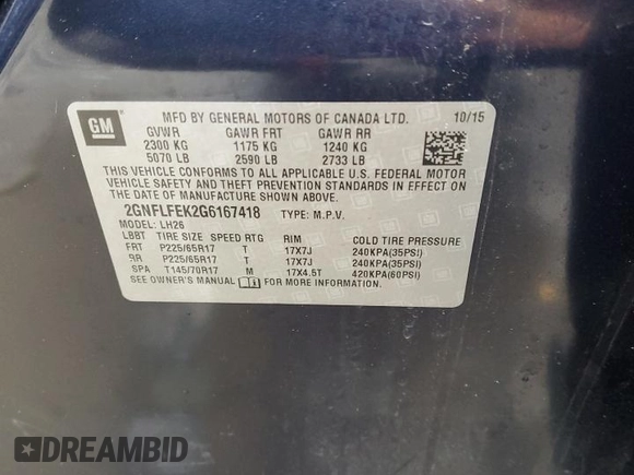 2016 Chevrolet Equinox LT z VIN 2GNFLFEK2G6167418, wystawiony jako Copart lot #57868095 z przebiegiem Nie podano mil oraz Szkoda całkowita • Salvage title. Historia ofert i sprzedaży dostępna na DreamBid. Obrazek 14.
