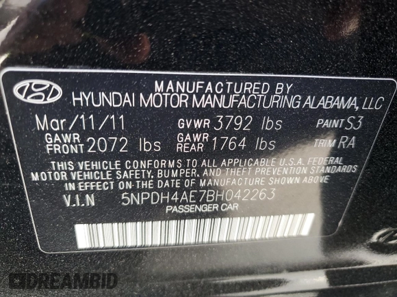 2011 Hyundai Elantra GLS with VIN 5NPDH4AE7BH042263, listed as a Copart auction lot 55201785 with 205,260 mi miles and Clean Title. Bid and sale history available at carsss.com. Image 12.