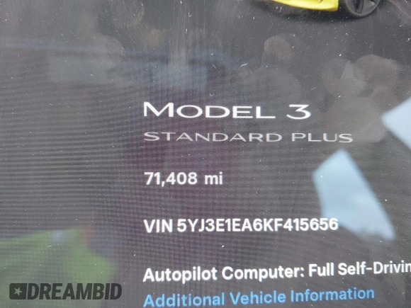 2019 Tesla Model 3 Mid Range with VIN 5YJ3E1EA6KF415656, listed as a IAAI auction lot 42140763 with 71,408 mi miles and . Bid and sale history available at carsss.com. Image 16.