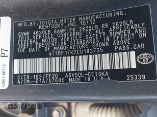 2012 Toyota Camry L with VIN 4T1BF1FK7CU183735, listed as a IAAI auction lot 41677061 with 185,399 mi miles and . Bid and sale history available at carsss.com. Image 9.