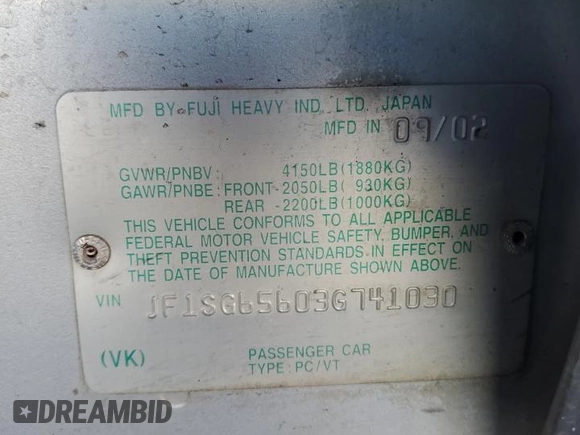 2003 Subaru Forester XS with VIN JF1SG65603G741030, listed as a Copart auction lot 46109315 with 154,469 mi miles and Salvage title. Bid and sale history available at DreamBid. Image 15.