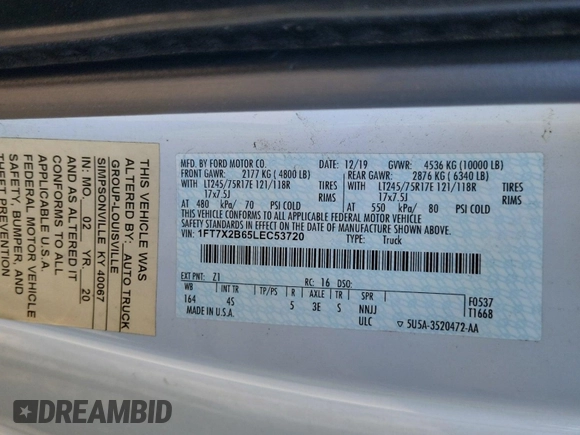 2020 Ford F-250 XL with VIN 1FT7X2B65LEC53720, listed as a IAAI auction lot 42836279 with 125,668 mi miles and . Bid and sale history available at DreamBid. Image 36.