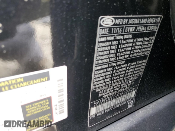 2017 Land Rover Range Rover Sport SE with VIN SALWG2FKXHA130036, listed as a Copart auction lot 50778405 with 66,106 mi miles and Salvage Title. Bid and sale history available at DreamBid. Image 16.