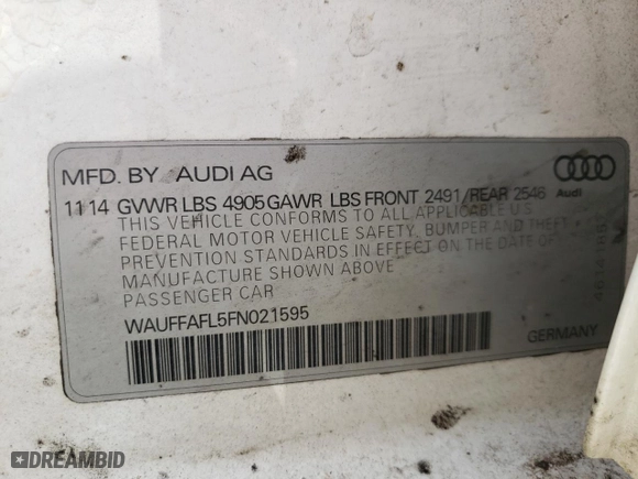 2015 Audi A4 Premium Plus with VIN WAUFFAFL5FN021595, listed as a Copart auction lot 43197195 with 76,356 mi miles and Salvage Title. Bid and sale history available at carsss.com. Image 15.