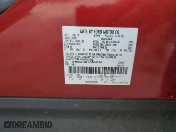 2019 Ford Explorer Limited z VIN 1FM5K7F87KGB16355, wystawiony jako Copart lot #53369035 z przebiegiem 74 891 mil mil oraz Szkoda całkowita • Salvage title. Historia ofert i sprzedaży dostępna na DreamBid. Obrazek 13.