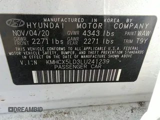 2020 Hyundai Ioniq Limited with VIN KMHCX5LD3LU241239, listed as a IAAI auction lot 41628238 with 30,662 mi miles and . Bid and sale history available at DreamBid. Image 9.