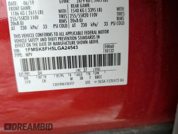 2020 Ford Explorer Limited with VIN 1FMSK8FH5LGA24543, listed as a Copart auction lot 59486855 with 47,530 mi miles and Salvage title. Bid and sale history available at DreamBid. Image 14.