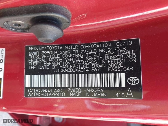 2010 Toyota Prius II with VIN JTDKN3DUXA0141667, listed as a IAAI auction lot 41753437 with 178,209 mi miles. Bid and sale history available at carsss.com. Image 9.