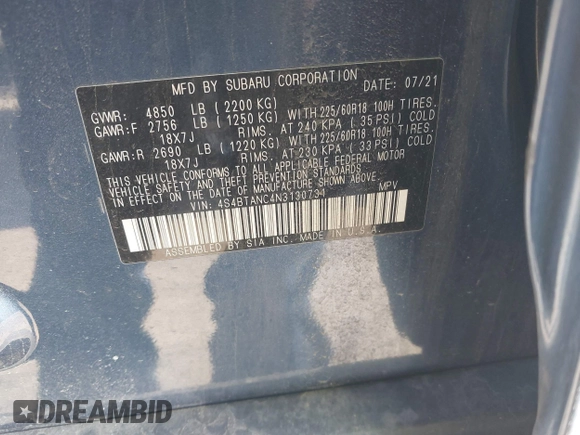 2022 Subaru Outback Limited with VIN 4S4BTANC4N3130731, listed as a IAAI auction lot 41984600 with 20,187 mi miles and . Bid and sale history available at DreamBid. Image 9.