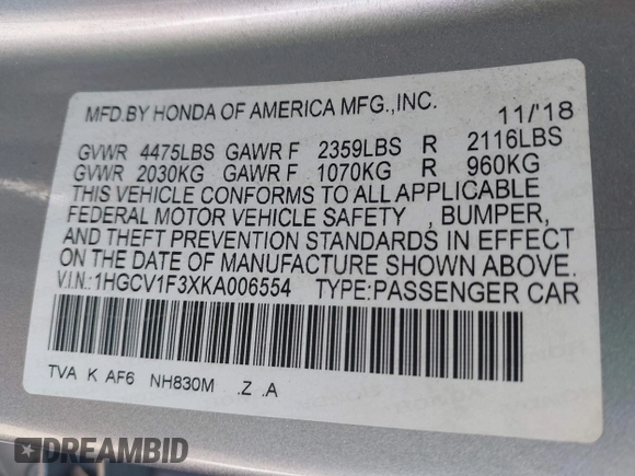 2019 Honda Accord Sedan Sport 1.5T with VIN 1HGCV1F3XKA006554, listed as a IAAI auction lot 41702809 with 102,724 mi miles. Bid and sale history available at carsss.com. Image 9.