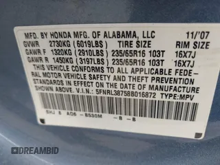 2008 Honda Odyssey EX-L with VIN 5FNRL38758B016872, listed as a IAAI auction lot 42094462 with 183,384 mi miles. Bid and sale history available at carsss.com. Image 9.