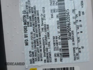 2020 Ford Fusion Titanium z VIN 3FA6P0D96LR205475, wystawiony jako Copart lot #56313075 z przebiegiem 30 888 mil mil oraz Szkoda całkowita • Salvage title. Historia ofert i sprzedaży dostępna na DreamBid. Obrazek 12.