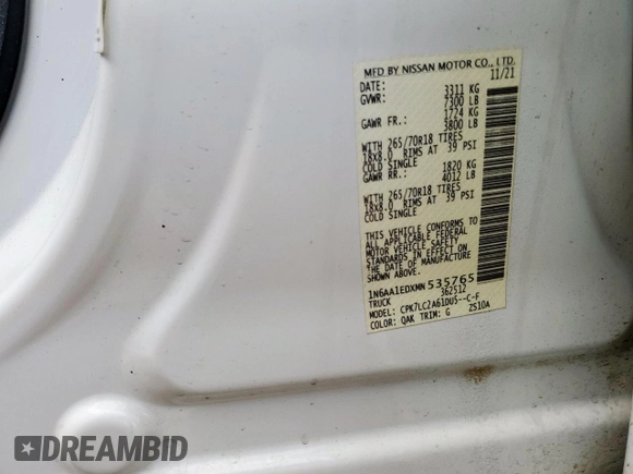 2021 Nissan Titan Pro-4X с VIN 1N6AA1EDXMN535765, выставлен на аукционе Copart как лот 63125075 с пробегом 56 208 миль миль и Списание • Salvage title. История ставок и продаж доступна на DreamBid. Изображение 12.