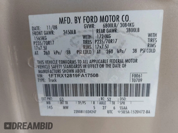 2009 Ford F-150 STX with VIN 1FTRX12819FA17508, listed as a IAAI auction lot 42398615 with 195,393 mi miles and . Bid and sale history available at DreamBid. Image 9.