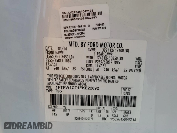 2014 Ford F-150 XL with VIN 1FTFW1CT1EKE22892, listed as a Copart auction lot 61635265 with 14,203 mi miles and Salvage title. Bid and sale history available at DreamBid. Image 12.