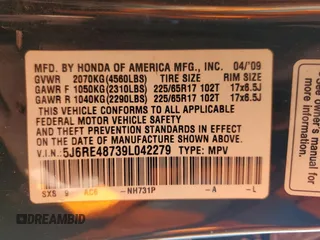 2009 Honda CR-V EX-L z VIN 5J6RE48739L042279, wystawiony jako Copart lot #55513925 z przebiegiem 184 318 mil mil oraz Szkoda całkowita • Salvage title. Historia ofert i sprzedaży dostępna na DreamBid. Obrazek 12.
