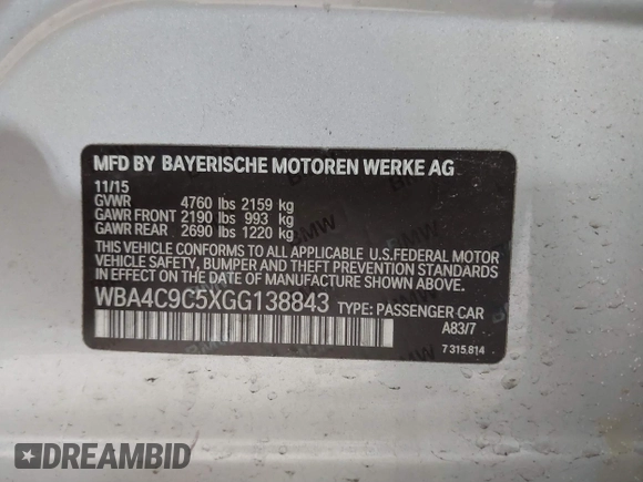 2016 BMW 4 Series 428i xDrive with VIN WBA4C9C5XGG138843, listed as a IAAI auction lot 41747358 with 63,804 mi miles and . Bid and sale history available at DreamBid. Image 9.