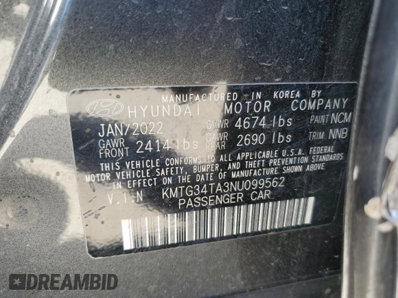 2022 Genesis G70 2.0T with VIN KMTG34TA3NU099562, listed as a Copart auction lot 69646954 with 50,334 mi miles and Salvage Title. Bid and sale history available at carsss.com. Image 12.