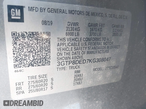 2019 GMC Sierra 1500 SLT z VIN 3GTP8DED7KG308047, wystawiony jako IAAI lot #41978970 z przebiegiem 112 662 mil mil oraz . Historia ofert i sprzedaży dostępna na DreamBid. Obrazek 9.