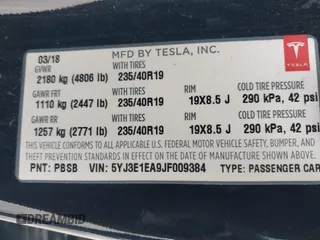2018 Tesla Model 3 Long Range Battery with VIN 5YJ3E1EA9JF009384, listed as a IAAI auction lot 41544624 with 66,896 mi miles and . Bid and sale history available at DreamBid. Image 9.