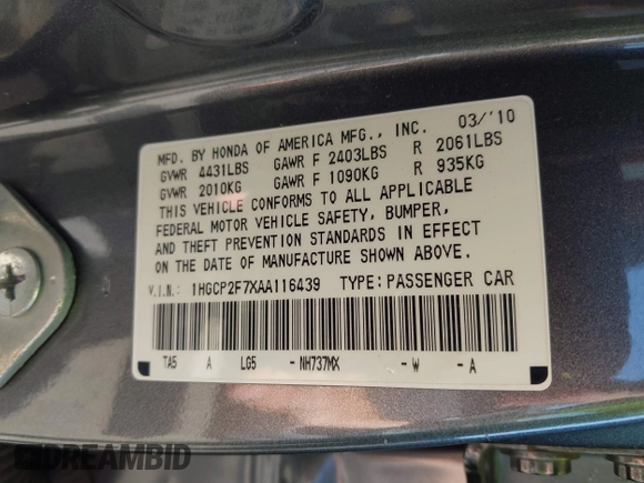 2010 Honda Accord EX with VIN 1HGCP2F7XAA116439, listed as a IAAI auction lot 42276201 with 96,666 mi miles and . Bid and sale history available at DreamBid. Image 9.