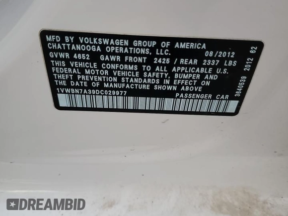 2013 Volkswagen Passat SE with VIN 1VWBN7A39DC029977, listed as a Copart auction lot 46787035 with 106,801 mi miles and Salvage title. Bid and sale history available at DreamBid. Image 14.