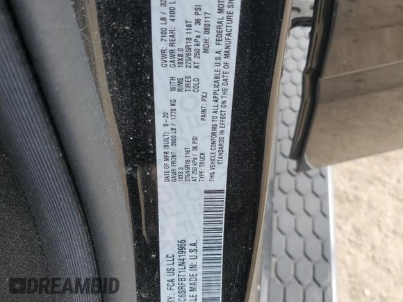 2020 Ram 1500 Big Horn with VIN 1C6SRFBT1LN419966, listed as a Copart auction lot 58002795 with 84,959 mi miles and Salvage title. Bid and sale history available at DreamBid. Image 13.