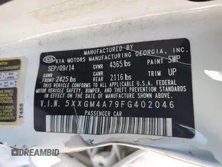 2015 Kia Optima LX with VIN 5XXGM4A79FG402046, listed as a Copart auction lot 51791805 with 141,736 mi miles and Non Repairable. Bid and sale history available at DreamBid. Image 14.