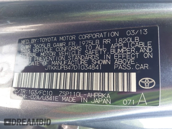 2013 Scion xD z VIN JTKKUPB47D1034841, wystawiony jako IAAI lot #42286846 z przebiegiem 212 001 mil mil oraz . Historia ofert i sprzedaży dostępna na DreamBid. Obrazek 9.