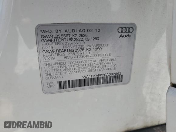 2012 Audi Q5 Premium Plus with VIN WA1DKAFP2CA082862, listed as a Copart auction lot 64500115 with 198,550 mi miles and Salvage title. Bid and sale history available at DreamBid. Image 12.