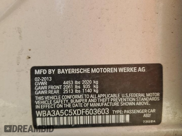 2013 BMW 3 Series 328i with VIN WBA3A5C5XDF603603, listed as a Copart auction lot 62201485 with 153,312 mi miles and Salvage title. Bid and sale history available at DreamBid. Image 12.