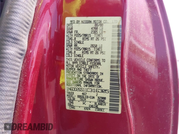 2001 Nissan Frontier XE с VIN 1N6DD26S11C316305, выставлен на аукционе IAAI как лот 42396668 с пробегом 150 880 миль миль и . История ставок и продаж доступна на DreamBid. Изображение 9.