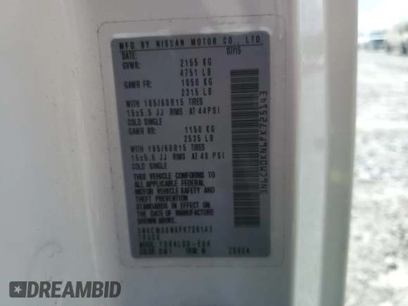 2015 Nissan NV200 SV with VIN 3N6CM0KN6FK725143, listed as a Copart auction lot 52940355 with 172,790 mi miles and Salvage title. Bid and sale history available at DreamBid. Image 13.