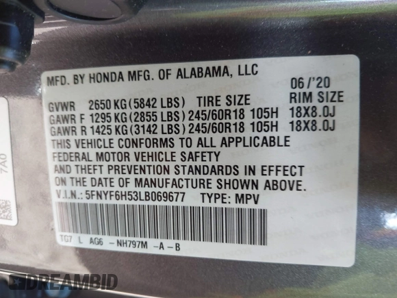 2020 Honda Pilot EX-L z VIN 5FNYF6H53LB069677, wystawiony jako IAAI lot #40581586 z przebiegiem 21 717 mil mil oraz . Historia ofert i sprzedaży dostępna na DreamBid. Obrazek 9.