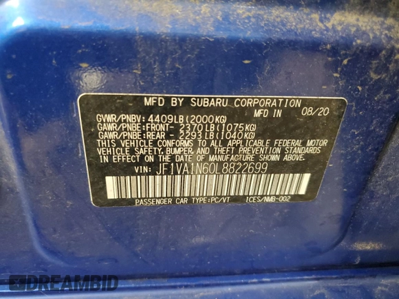 2020 Subaru WRX Limited with VIN JF1VA1N60L8822699, listed as a Copart auction lot 61814595 with 74,434 mi miles and Salvage title. Bid and sale history available at DreamBid. Image 13.