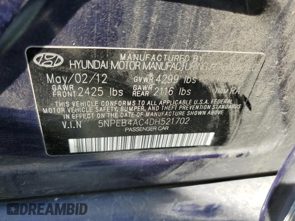 2013 Hyundai Sonata GLS z VIN 5NPEB4AC4DH521702, wystawiony jako Copart lot #56234855 z przebiegiem 111 191 mil mil oraz Szkoda całkowita • Salvage title. Historia ofert i sprzedaży dostępna na DreamBid. Obrazek 12.