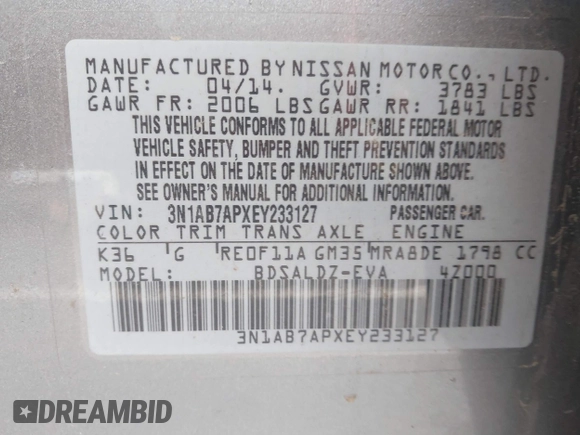 2014 Nissan Sentra S with VIN 3N1AB7APXEY233127, listed as a IAAI auction lot 42174370 with 102,423 mi miles and . Bid and sale history available at DreamBid. Image 9.