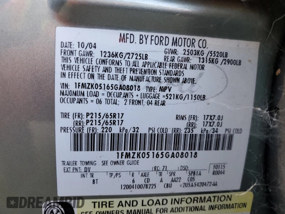 2005 Ford Freestyle SEL z VIN 1FMZK05165GA08018, wystawiony jako Copart lot #83415824 z przebiegiem 145 086 mil mil oraz Szkoda całkowita • Salvage title. Historia ofert i sprzedaży dostępna na DreamBid. Obrazek 13.
