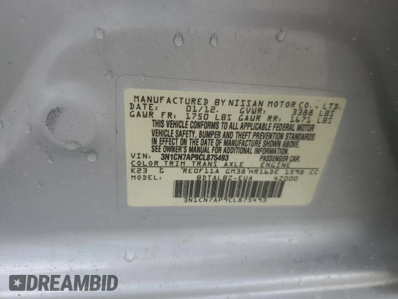 2012 Nissan Versa SV with VIN 3N1CN7AP9CL875493, listed as a Copart auction lot 63058395 with 204,253 mi miles and Salvage title. Bid and sale history available at DreamBid. Image 12.