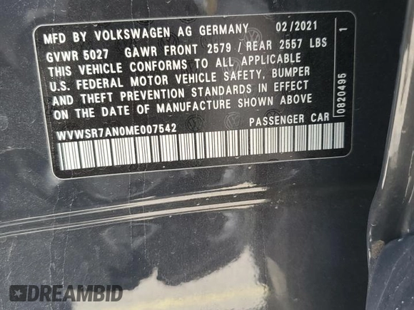 2021 Volkswagen Arteon SEL R-Line with VIN WVWSR7AN0ME007542, listed as a Copart auction lot 53160935 with 49,848 mi miles and Salvage title. Bid and sale history available at DreamBid. Image 14.