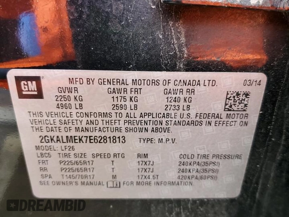 2014 GMC Terrain SLE z VIN 2GKALMEK7E6281813, wystawiony jako Copart lot #55763025 z przebiegiem 115 778 mil mil oraz Szkody całkowita. Historia ofert i sprzedaży dostępna na DreamBid. Obrazek 14.