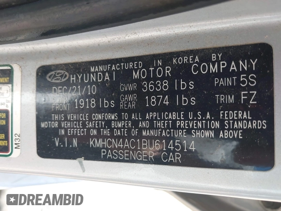 2011 Hyundai Accent GLS with VIN KMHCN4AC1BU614514, listed as a IAAI auction lot 41981776 with 86,182 mi miles. Bid and sale history available at carsss.com. Image 9.