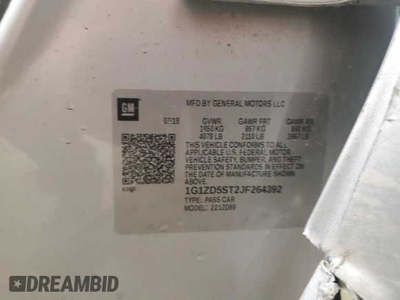 2018 Chevrolet Malibu LT with VIN 1G1ZD5ST2JF264392, listed as a Copart auction lot 49531765 with Not Provided miles and Salvage Title. Bid and sale history available at DreamBid. Image 14.