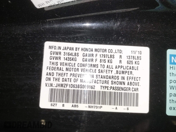 2011 Honda CR-Z EX with VIN JHMZF1D63BS009162, listed as a IAAI auction lot 42083844 with 82,913 mi miles and . Bid and sale history available at carsss.com. Image 9.