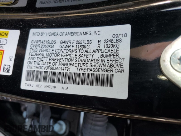 2018 Honda Accord Touring with VIN 1HGCV3F90JA014791, listed as a Copart auction lot 54344135 with 98,797 mi miles and Salvage title. Bid and sale history available at DreamBid. Image 13.