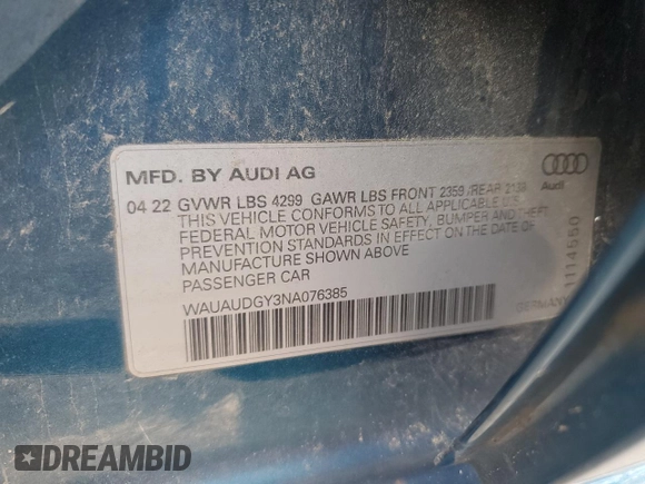 2022 Audi A3 Premium z VIN WAUAUDGY3NA076385, wystawiony jako Copart lot #50178965 z przebiegiem 41 837 mil mil oraz Nie do naprawy • Non repairable. Historia ofert i sprzedaży dostępna na DreamBid. Obrazek 12.
