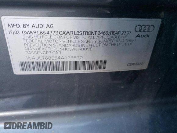 2004 Audi A4 3.0L with VIN WAULT68E64A179570, listed as a Copart auction lot 82654564 with 158,810 mi miles and Salvage Title. Bid and sale history available at carsss.com. Image 12.