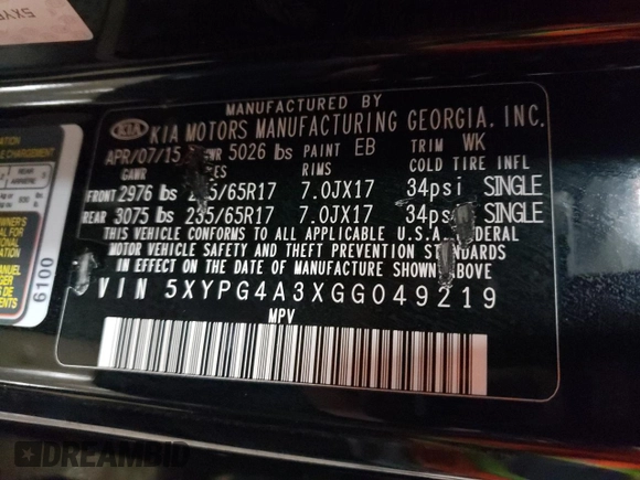 2016 Kia Sorento L with VIN 5XYPG4A3XGG049219, listed as a Copart auction lot 52298645 with 79,124 mi miles and Non Repairable. Bid and sale history available at DreamBid. Image 13.
