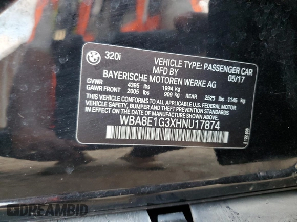 2017 BMW 3 Series 320i with VIN WBA8E1G3XHNU17874, listed as a Copart auction lot 43425885 with 64,915 mi miles and Salvage Title. Bid and sale history available at carsss.com. Image 13.